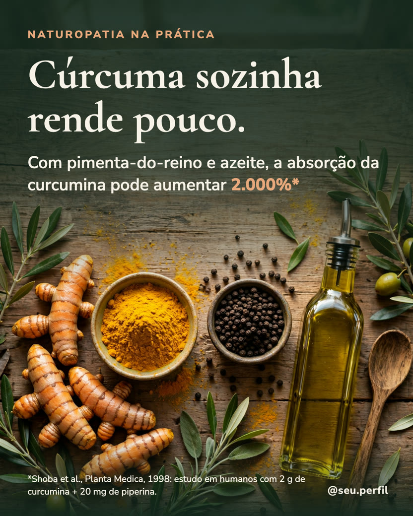 Card: Cúrcuma sozinha rende pouco. Com pimenta-do-reino e azeite, a absorção da curcumina pode aumentar 2.000%